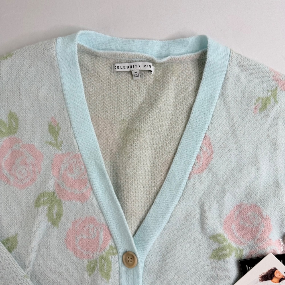 Celebrity Pink Womens Light Blue Pink Rose Floral V-Neck Button Up Cardigan NEW - Picture 6 of 14